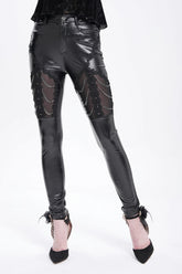 Pantalon gothique pour femme en simili cuir noir avec coutures en dentelle